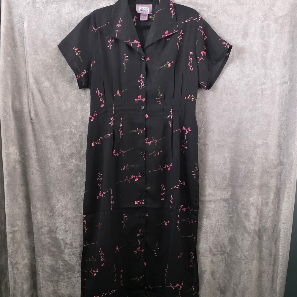 Premier Button Down Black Maxi Shirt Dress Short Sleeve Pink Floral Vintage 90s